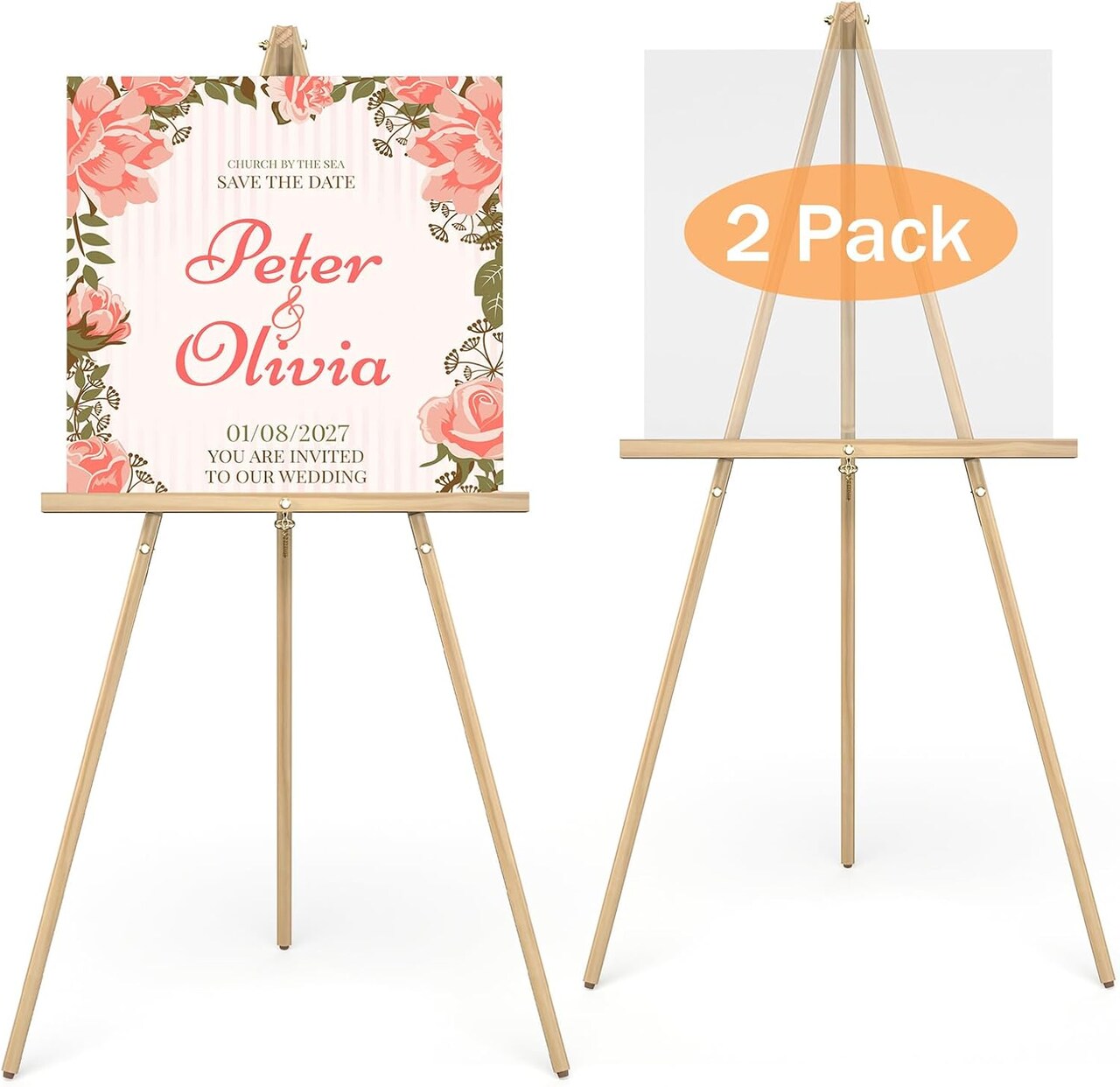 Art Easel Wooden Stand, 63" Portable Tripod Display. Artist easel - Adjustable Floor Wood Poster Stand for Wedding, Painting, Drawing, Display Show, Natural. 2 pack